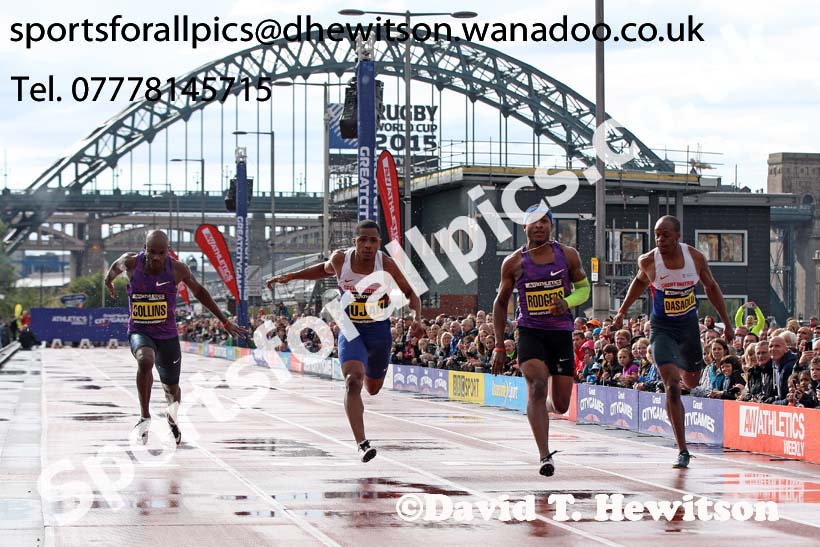 Michael Rodgers beats Chijndu Ujah to win the 100 metres, Great North CityGames. Photo: David T. Hewitson/Sports for All Pics